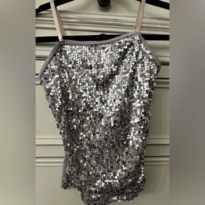 WEISSMAN Size Large Child Silver Sequinned Dance Top Nude Shoulder Straps